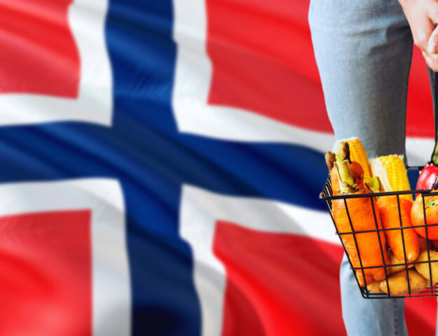 Cesta de compras con verduras frescas y la bandera de Noruega de fondo.