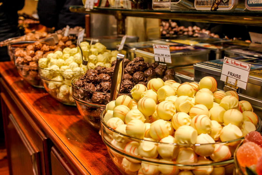 Chocolates belgas en las Galerías de San Hubert.