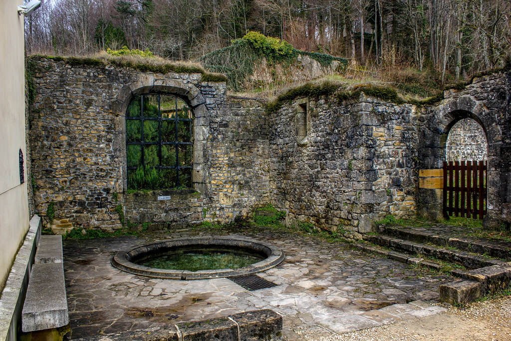 Fuente medieval y ruinas de piedra en la Abadía Notre-Dame d'Orval.