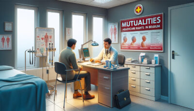 Ilustración de una consulta médica en Bélgica con un doctor y paciente discutiendo resultados.