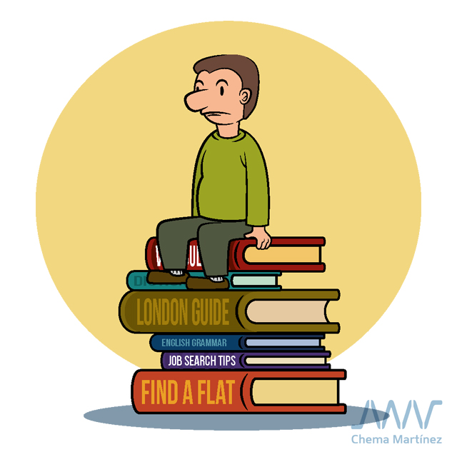 Ilustración de un hombre sentado en una pila de libros de guía y consejos para la vida en el Reino Unido. © 2013 Chema Martínez Valero.