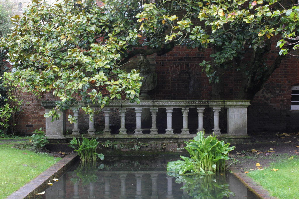 Reflejo de árbol y balaustrada en estanque en jardín tranquilo.