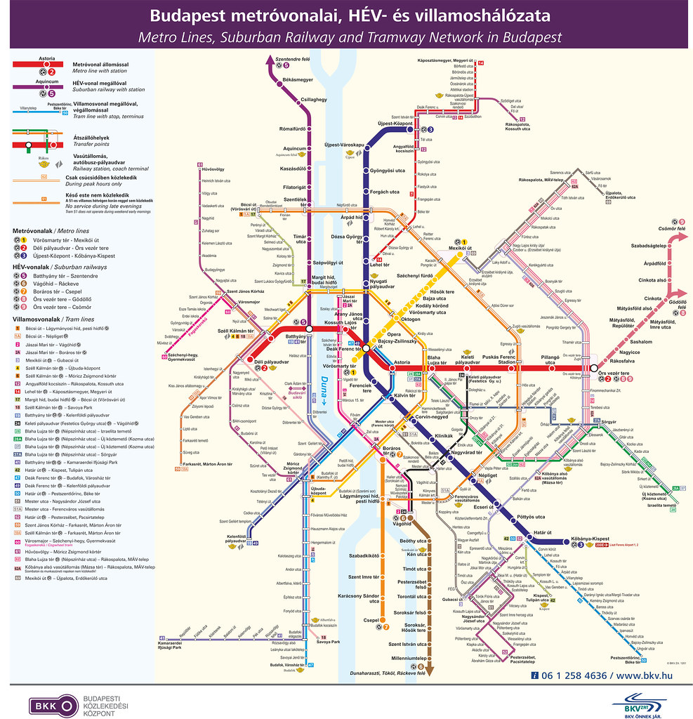 Mapa de líneas de metro y tranvía de Budapest en colores.