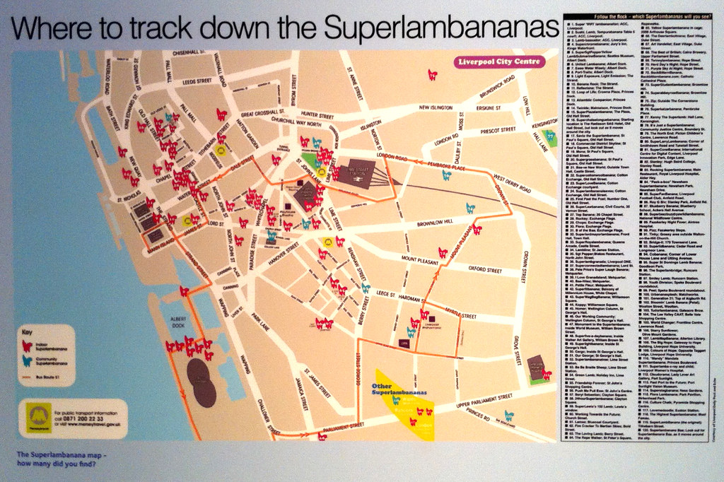 Mapa de ubicaciones de las Superlambananas en el centro de Liverpool.