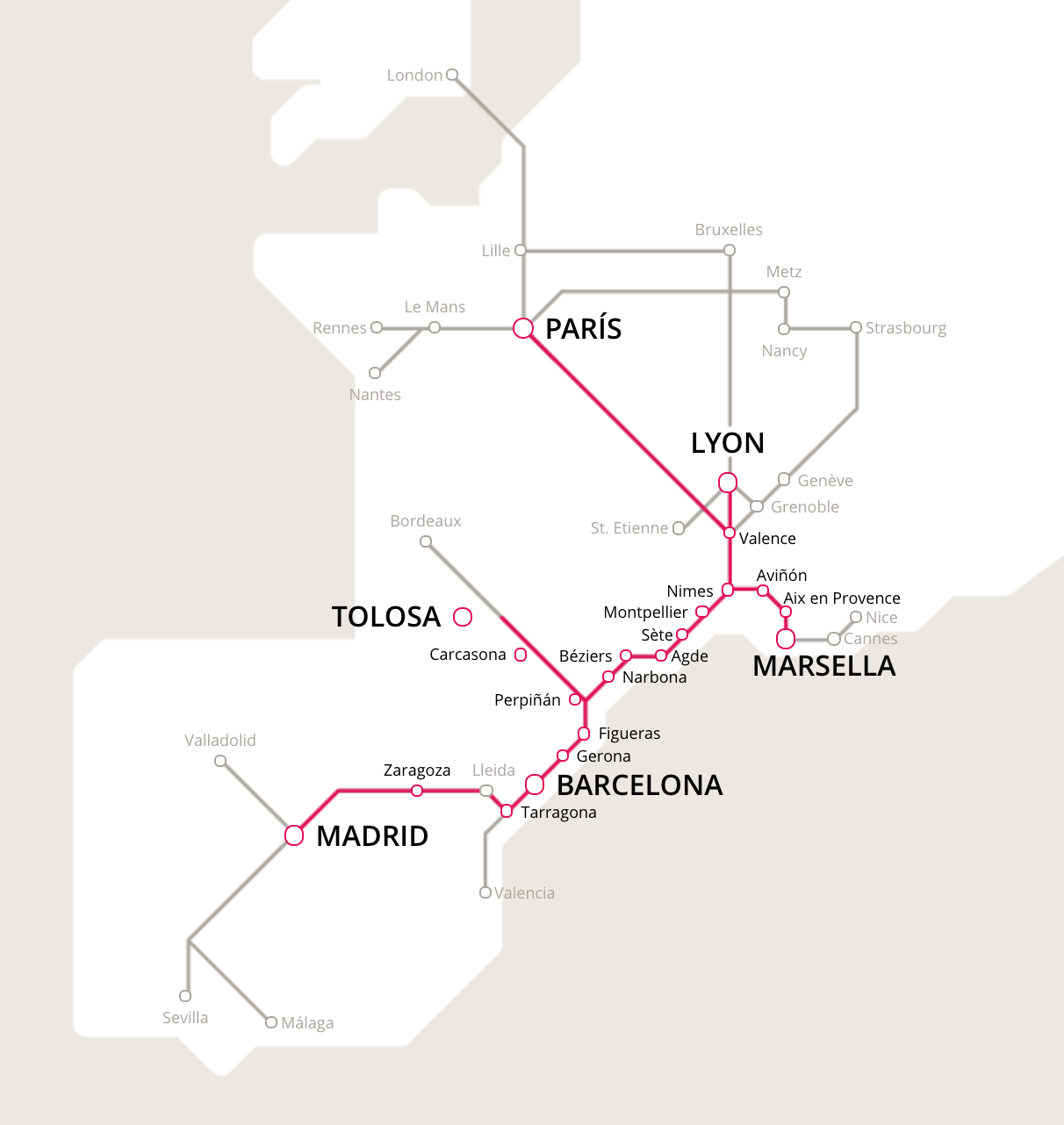 Mapa de trenes entre España y Francia.