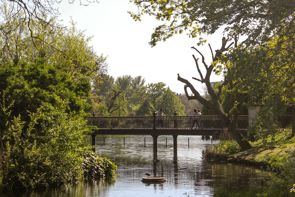 Personas cruzando un puente peatonal sobre el lago en Regent's Park, Londres, rodeado de exuberante vegetación.