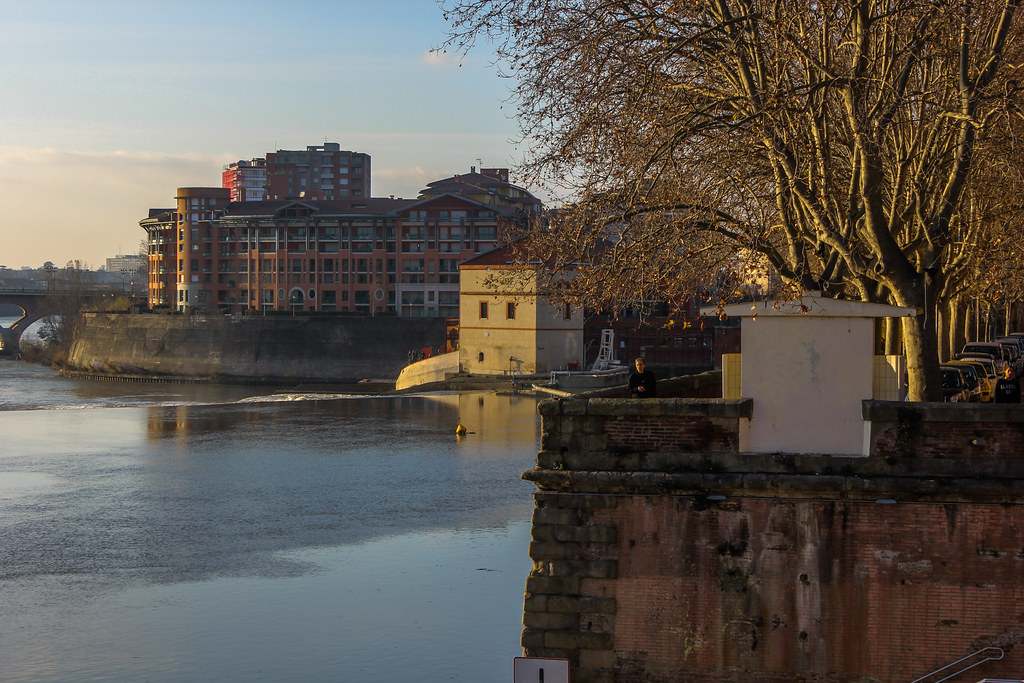 Río Garona al atardecer con árboles desnudos y edificios modernos en Toulouse.