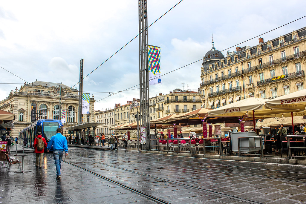 Tranvía en Place de la Comédie con terrazas de cafeterías, Montpellier, en día nublado.