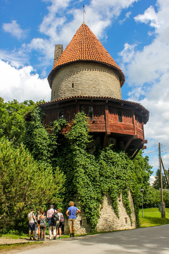 Turistas ante la torre de Kiiu cubierta de hiedra en Estonia, con cielo azul parcialmente nublado.