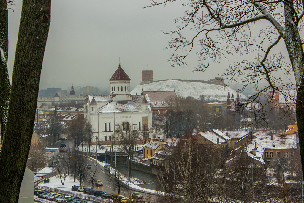 Vista invernal de la Catedral de Vilna con tejados nevados, Lituania.