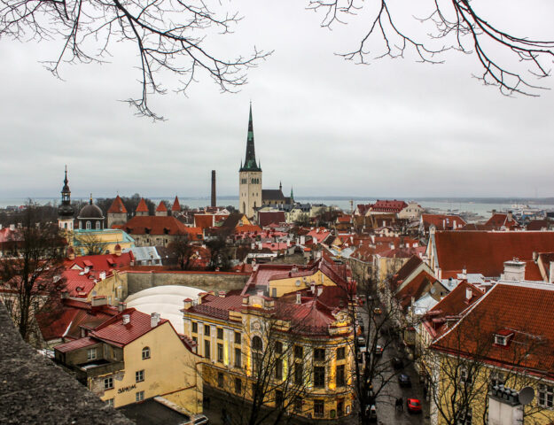Vista panorámica del casco antiguo de Tallin, Estonia, con tejados rojos y la torre de la iglesia de San Olaf en día nublado.